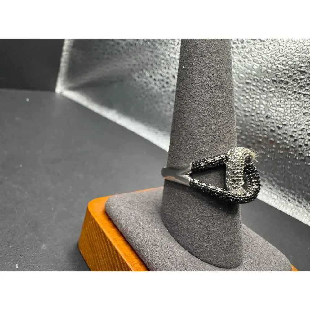 Vtg DL 925 Sterling Silver Black White Spinel Pave Interlocking Loop Ring Sz 10